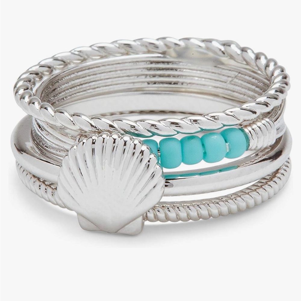 Pura Vida Silver Shell Ring Stack - Brass Base Band, Rhodium Plating